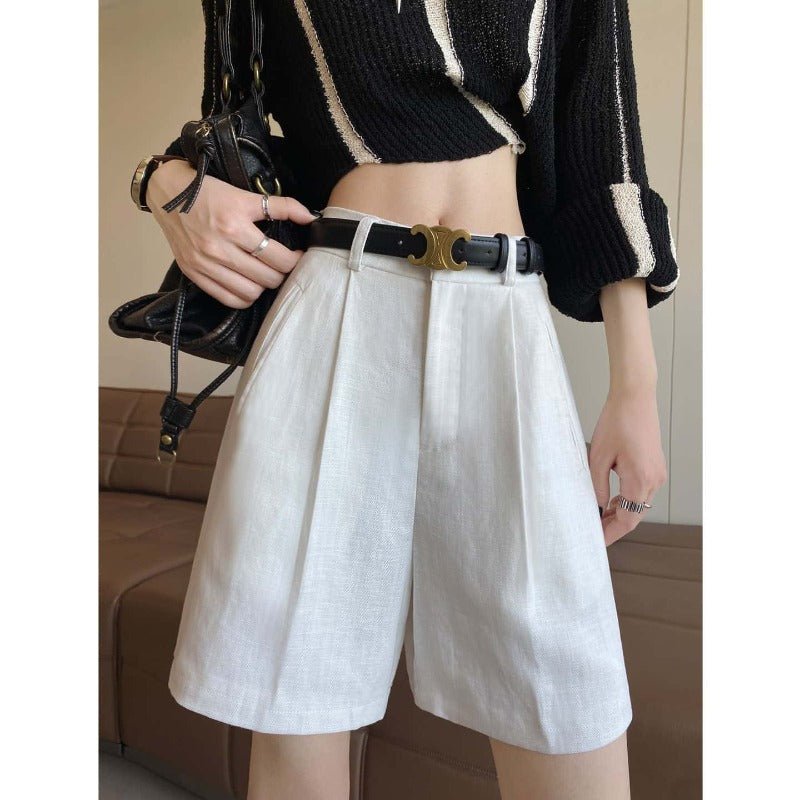 Linen/White High Waist Pleated Linen Shorts - EveningVerse - 6