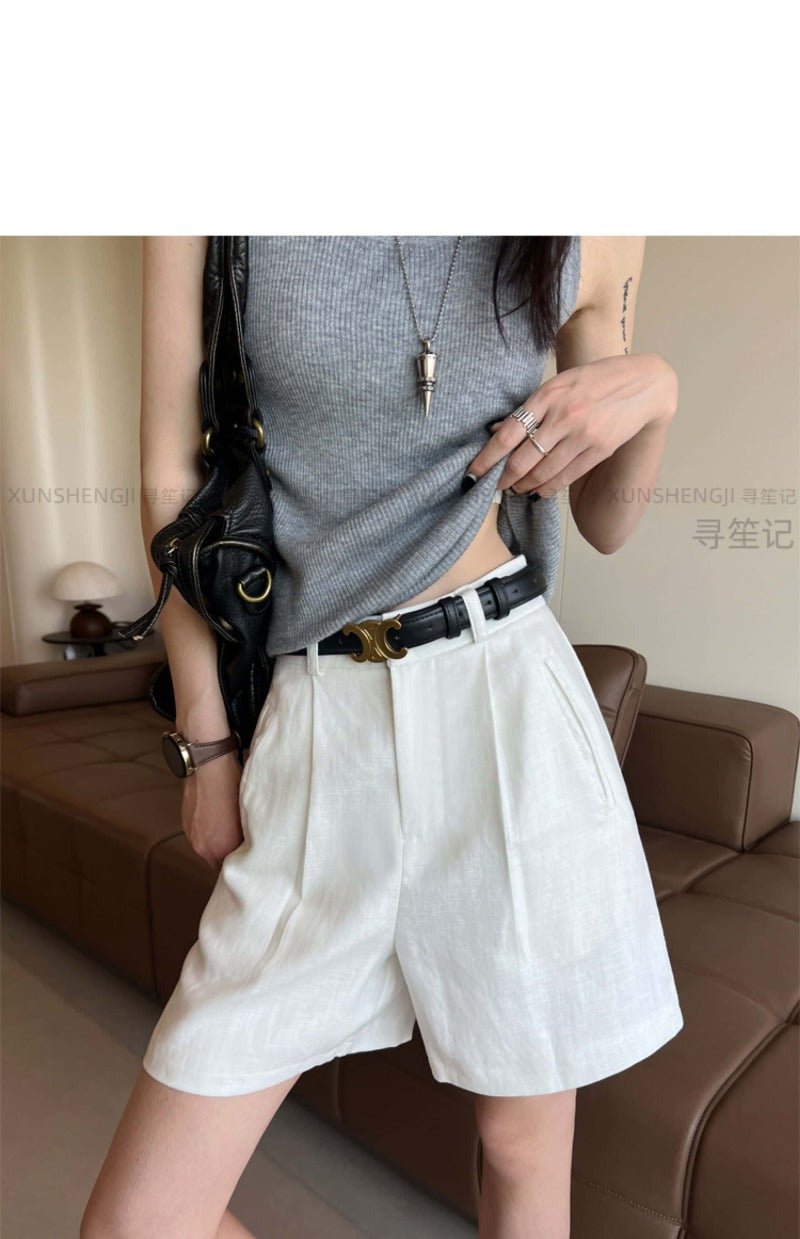 Linen/White High Waist Pleated Linen Shorts - EveningVerse - 10