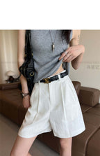 Linen/White High Waist Pleated Linen Shorts - EveningVerse - 10