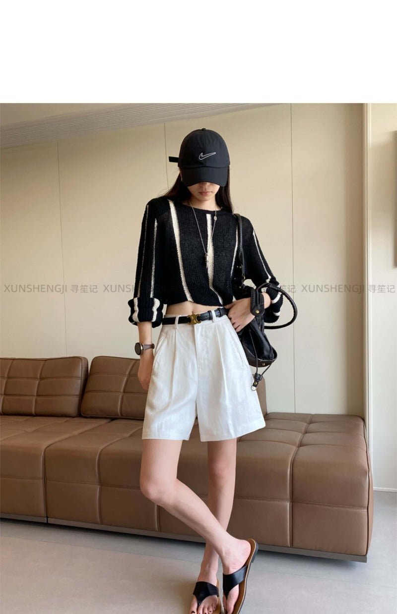 Linen/White High Waist Pleated Linen Shorts - EveningVerse - 7