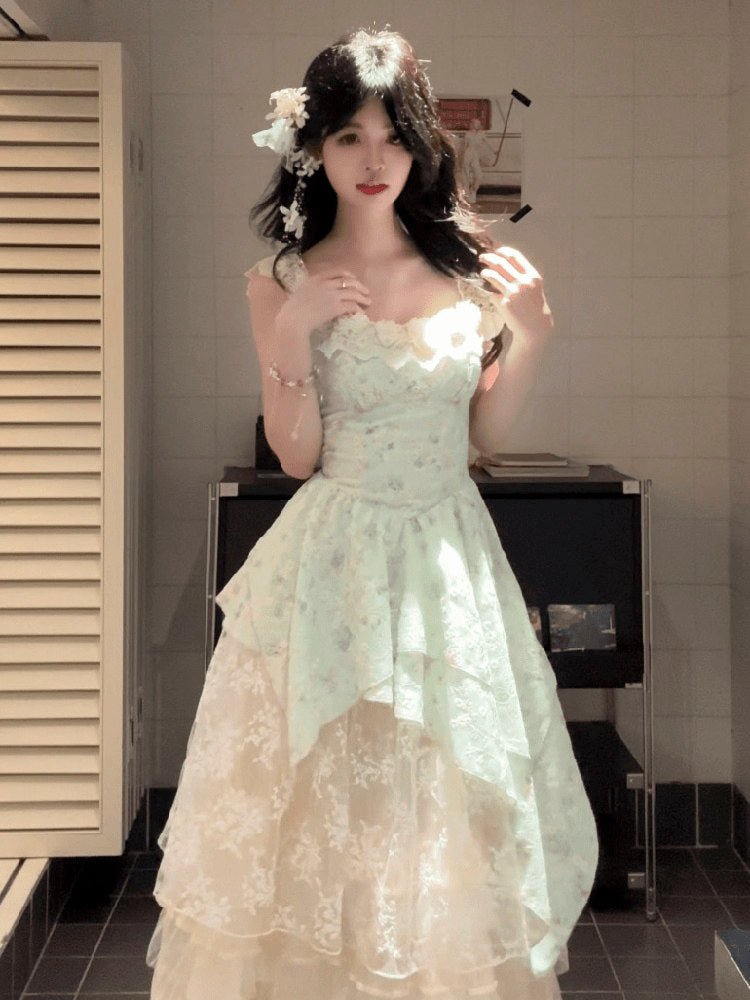 Mint Green Fit - and - Flare Midi Lace Off - the - shoulder Dress | Mint Green Lace Fit - and - Flare Midi Dress - EveningVerse - 3