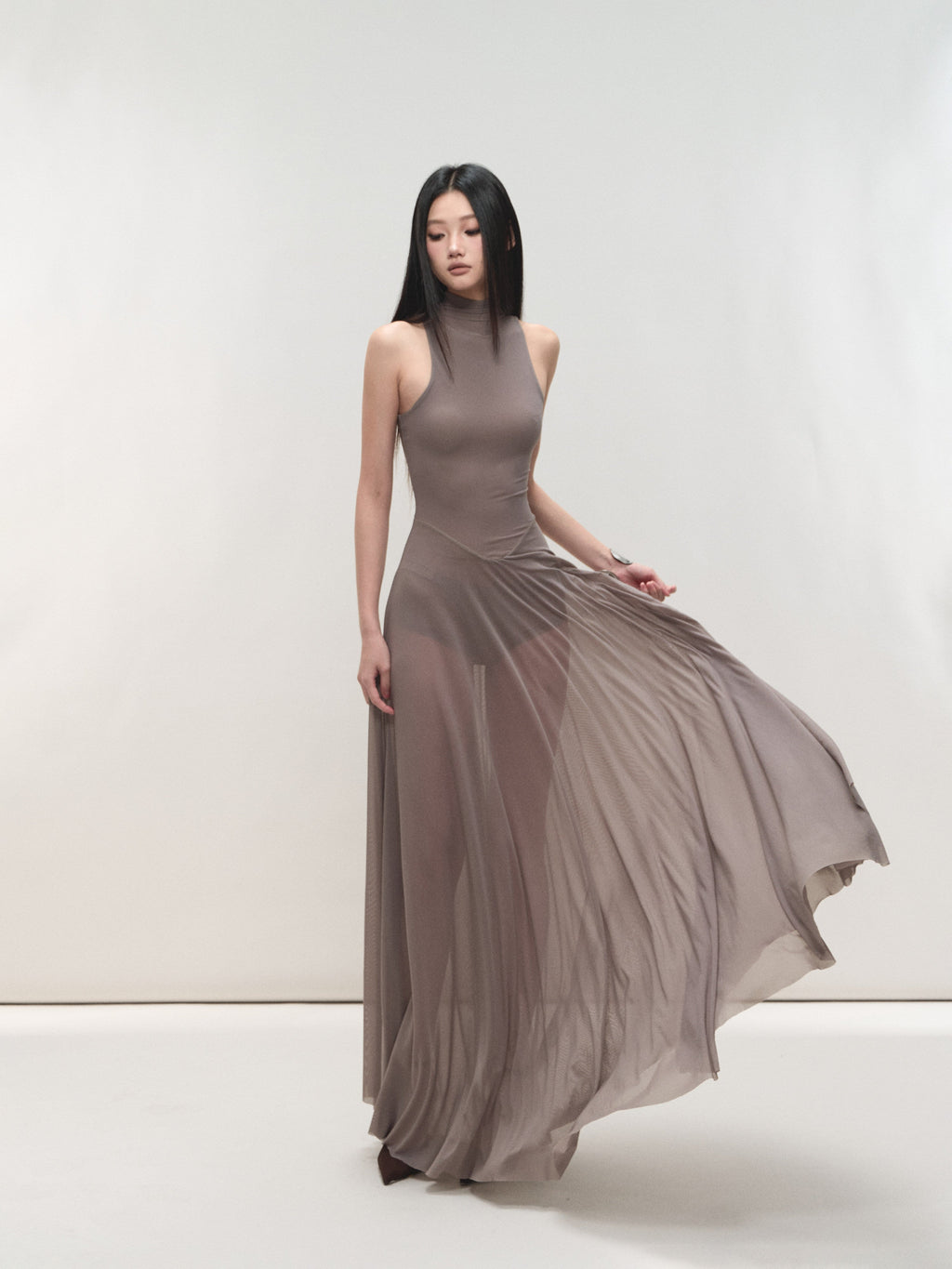 Misty Purple Maxi Dress Nylon Fit - and - Flare High Neck Mesh Paneled - EveningVerse - 1