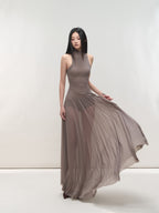 Misty Purple Maxi Dress Nylon Fit - and - Flare High Neck Mesh Paneled - EveningVerse - 1