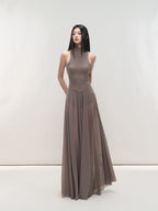 Misty Purple Maxi Dress Nylon Fit - and - Flare High Neck Mesh Paneled - EveningVerse - 4