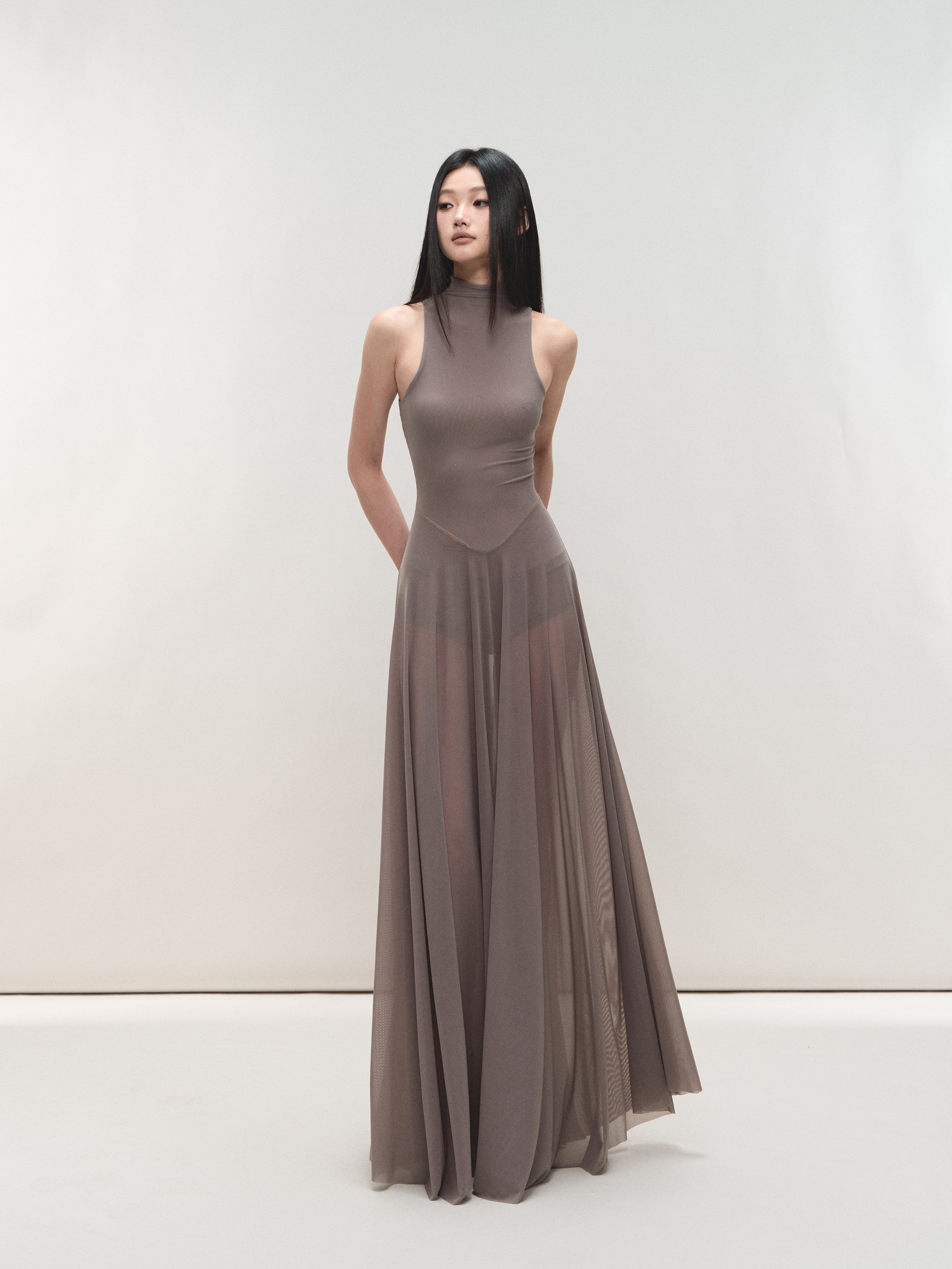 Misty Purple Maxi Dress Nylon Fit - and - Flare High Neck Mesh Paneled - EveningVerse - 4