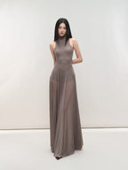 Misty Purple Maxi Dress Nylon Fit - and - Flare High Neck Mesh Paneled - EveningVerse - 2