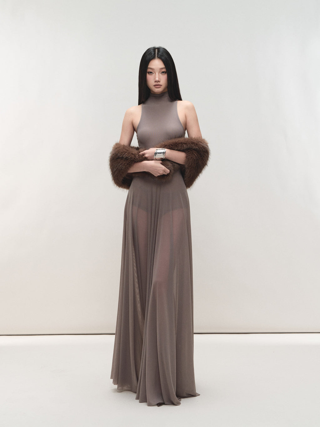 Misty Purple Maxi Dress Nylon Fit - and - Flare High Neck Mesh Paneled - EveningVerse - 3