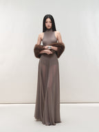 Misty Purple Maxi Dress Nylon Fit - and - Flare High Neck Mesh Paneled - EveningVerse - 3