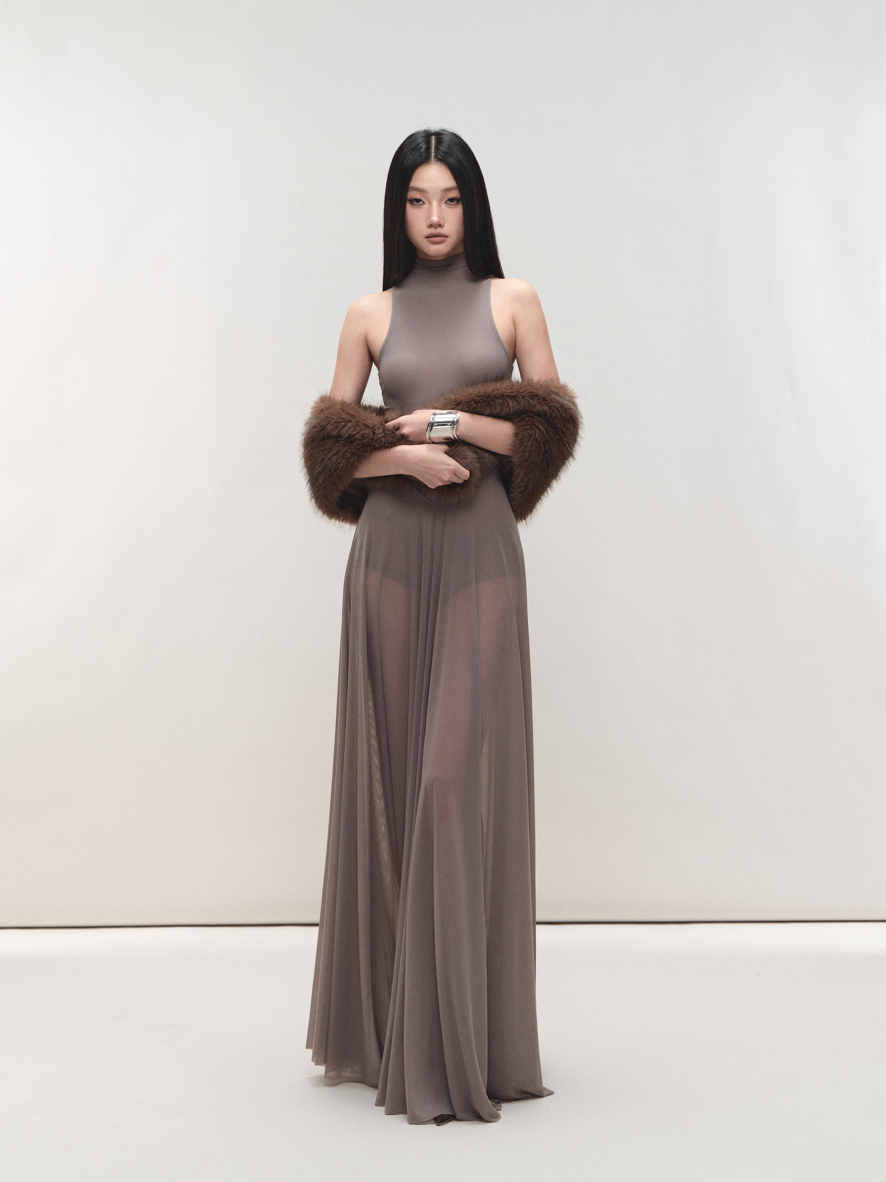 Misty Purple Maxi Dress Nylon Fit - and - Flare High Neck Mesh Paneled - EveningVerse - 3