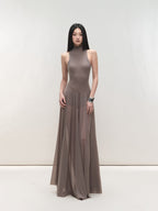 Misty Purple Maxi Dress Nylon Fit - and - Flare High Neck Mesh Paneled - EveningVerse - 5