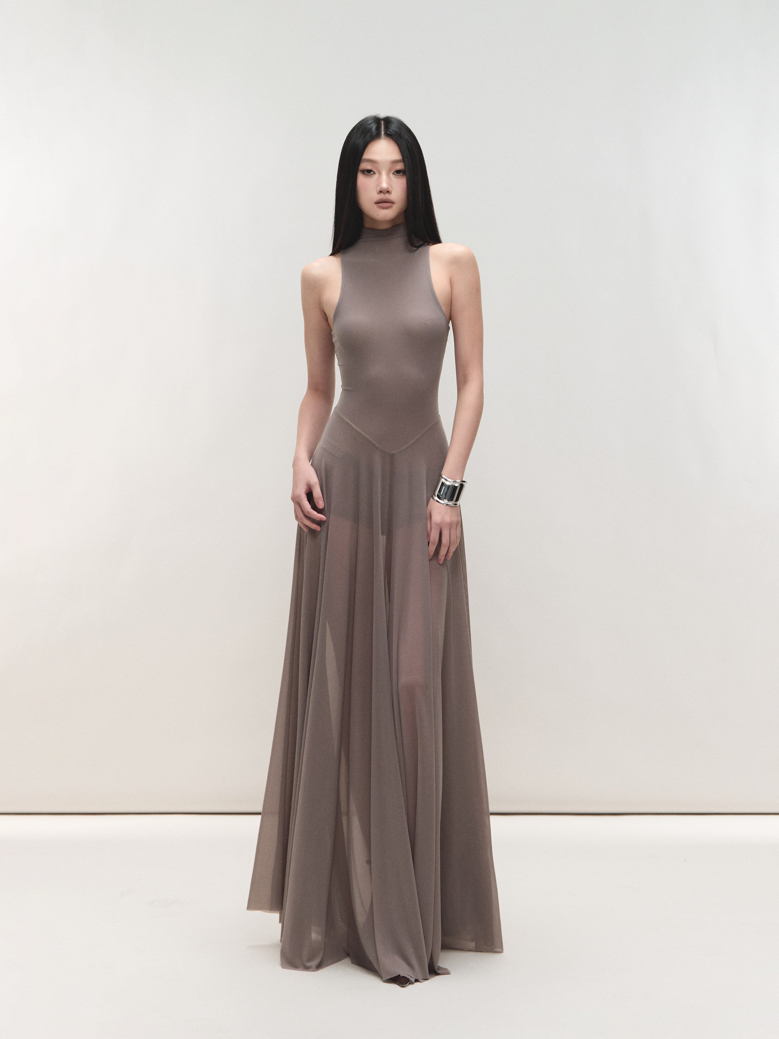 Misty Purple Maxi Dress Nylon Fit - and - Flare High Neck Mesh Paneled - EveningVerse - 5