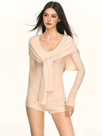 Multi Color Ribbed Knit V - Neck Half Zip Tie Waist Bodysuit Top - EveningVerse - 10