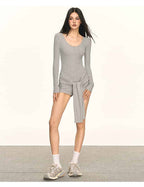 Multi Color Ribbed Knit V - Neck Half Zip Tie Waist Bodysuit Top - EveningVerse - 8