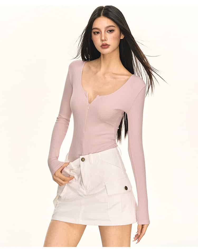 Multi Color Ribbed Knit V - Neck Half Zip Tie Waist Bodysuit Top - EveningVerse - 1 Main image