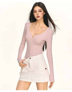 Multi Color Ribbed Knit V - Neck Half Zip Tie Waist Bodysuit Top - EveningVerse - 1
