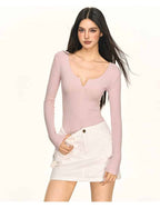 Multi Color Ribbed Knit V - Neck Half Zip Tie Waist Bodysuit Top - EveningVerse - 4
