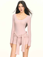 Multi Color Ribbed Knit V - Neck Half Zip Tie Waist Bodysuit Top - EveningVerse - 12