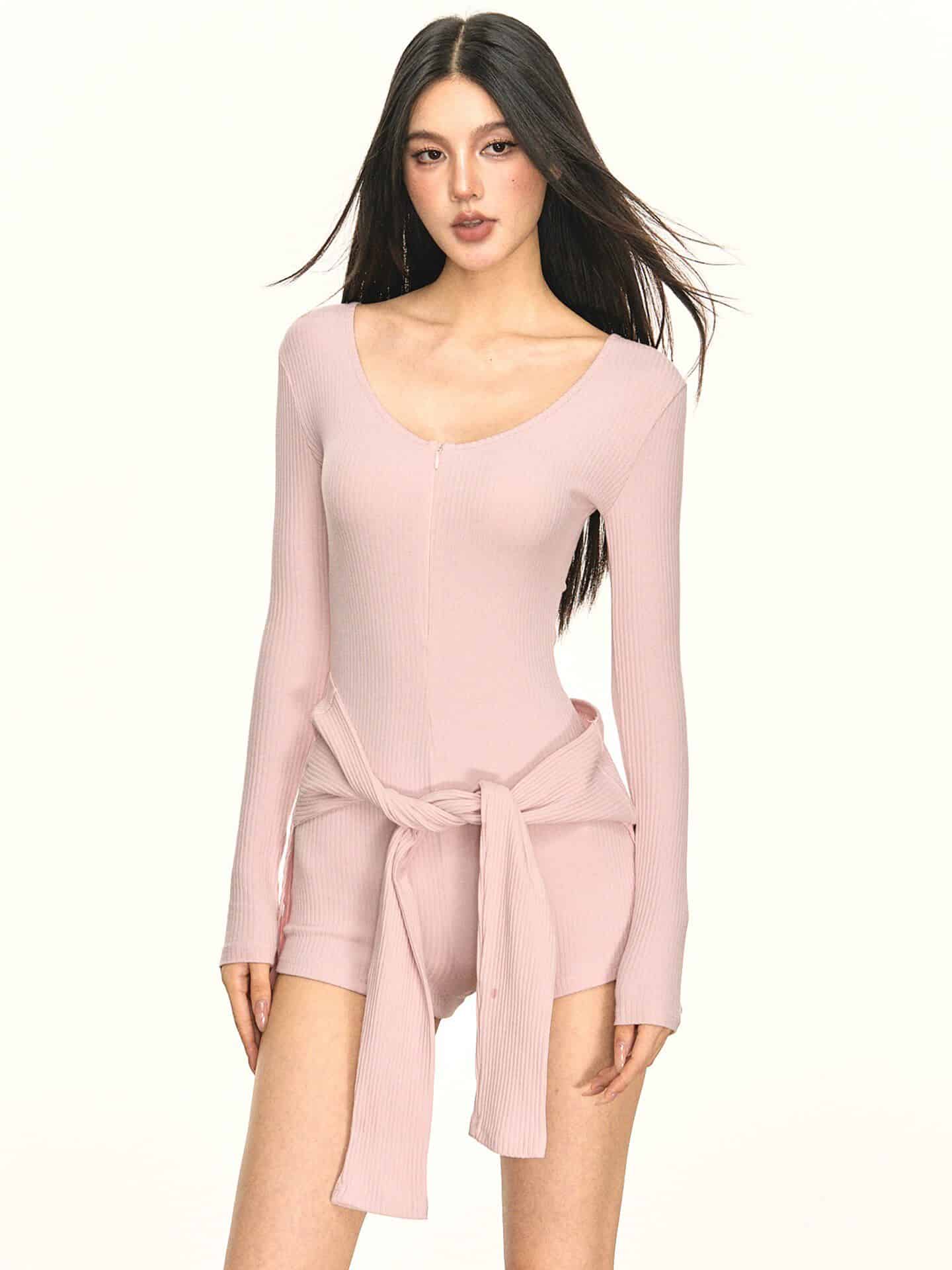 Multi Color Ribbed Knit V - Neck Half Zip Tie Waist Bodysuit Top - EveningVerse - 12