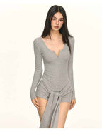 Multi Color Ribbed Knit V - Neck Half Zip Tie Waist Bodysuit Top - EveningVerse - 3