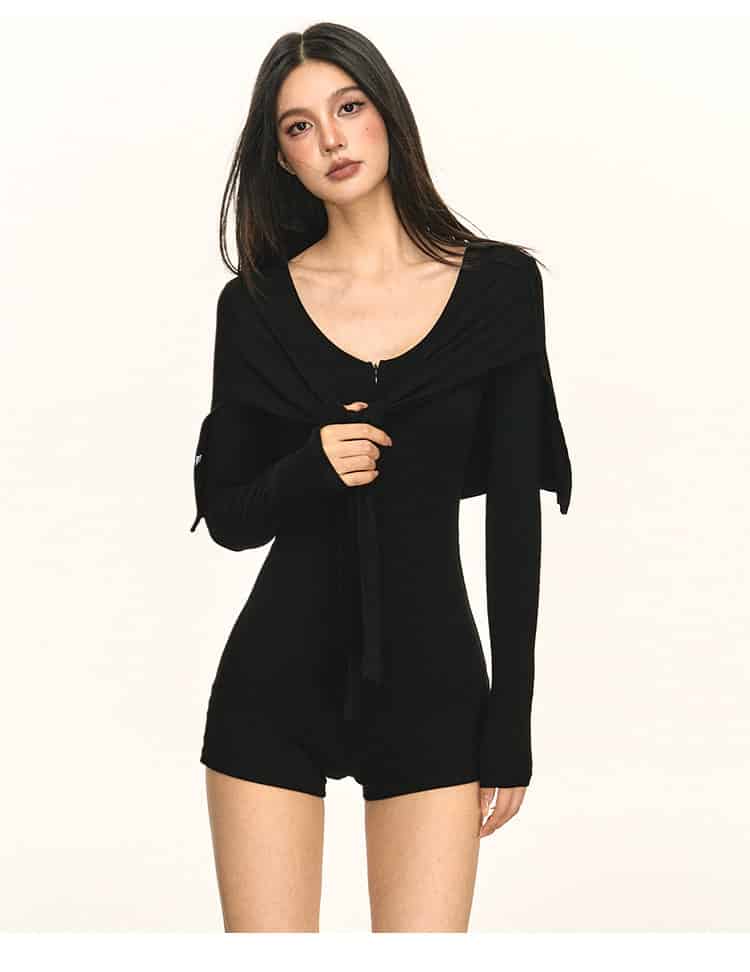 Multi Color Ribbed Knit V - Neck Half Zip Tie Waist Bodysuit Top - EveningVerse - 5