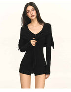 Multi Color Ribbed Knit V - Neck Half Zip Tie Waist Bodysuit Top - EveningVerse - 5