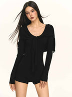 Multi Color Ribbed Knit V - Neck Half Zip Tie Waist Bodysuit Top - EveningVerse - 2