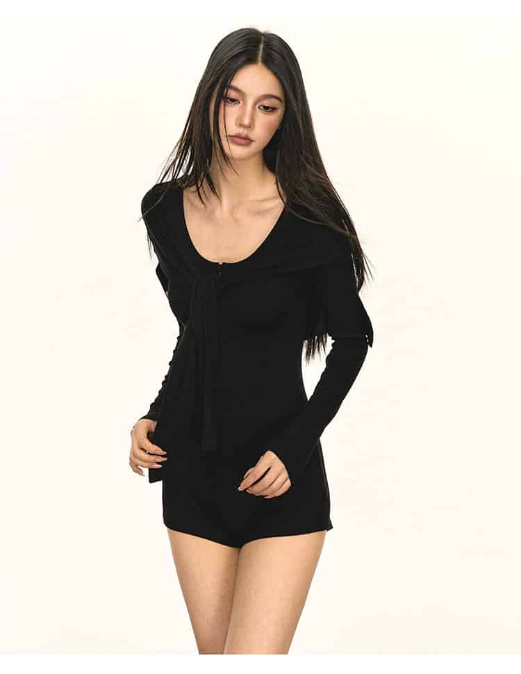 Multi Color Ribbed Knit V - Neck Half Zip Tie Waist Bodysuit Top - EveningVerse - 6