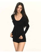 Multi Color Ribbed Knit V - Neck Half Zip Tie Waist Bodysuit Top - EveningVerse - 6
