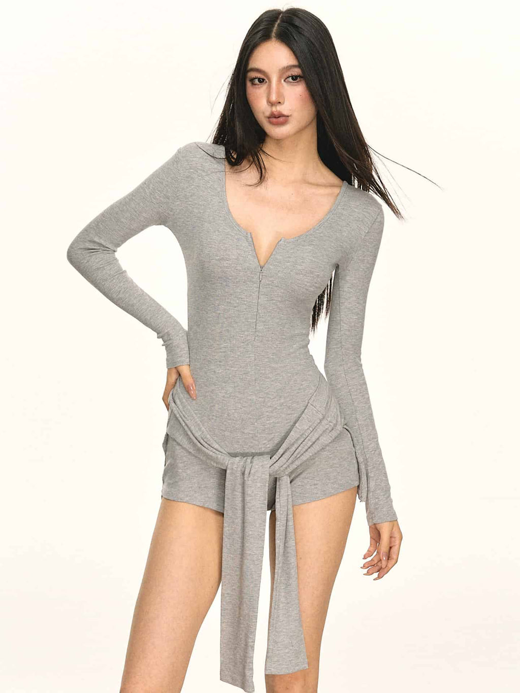 Multi Color Ribbed Knit V - Neck Half Zip Tie Waist Bodysuit Top - EveningVerse - 9