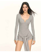 Multi Color Ribbed Knit V - Neck Half Zip Tie Waist Bodysuit Top - EveningVerse - 7