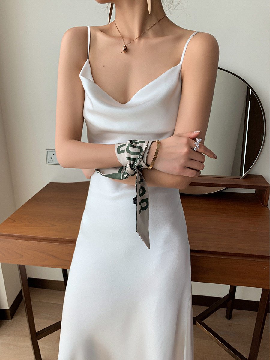 Multi Color Satin Cowl Neck Spaghetti Strap Bias Cut A - Line Midi Dress - EveningVerse - 28