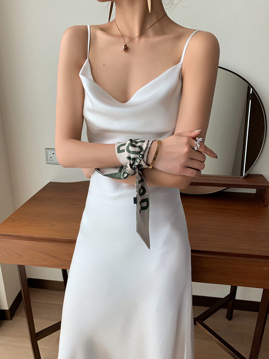 Multi Color Satin Cowl Neck Spaghetti Strap Bias Cut A - Line Midi Dress - EveningVerse - 3