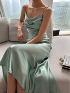 Multi Color Satin Cowl Neck Spaghetti Strap Bias Cut A - Line Midi Dress - EveningVerse - 30