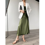 Multi Color Satin Cowl Neck Spaghetti Strap Bias Cut A - Line Midi Dress - EveningVerse - 26