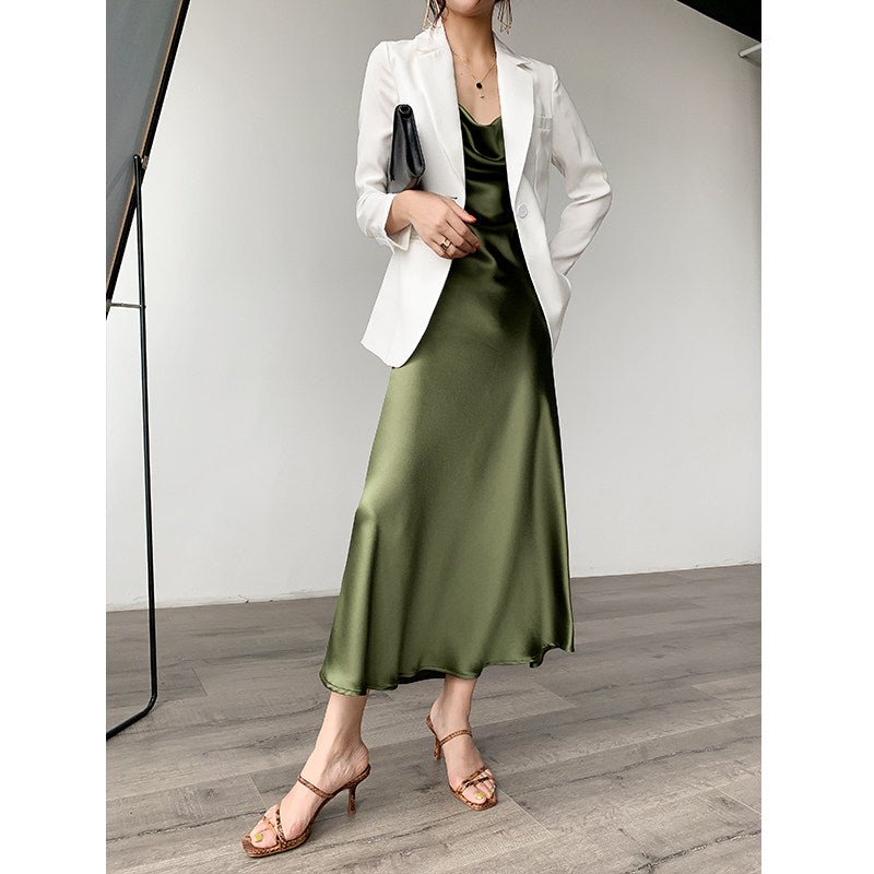 Multi Color Satin Cowl Neck Spaghetti Strap Bias Cut A - Line Midi Dress - EveningVerse - 26