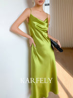 Multi Color Satin Cowl Neck Spaghetti Strap Bias Cut A - Line Midi Dress - EveningVerse - 33
