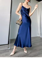 Multi Color Satin Cowl Neck Spaghetti Strap Bias Cut A - Line Midi Dress - EveningVerse - 18