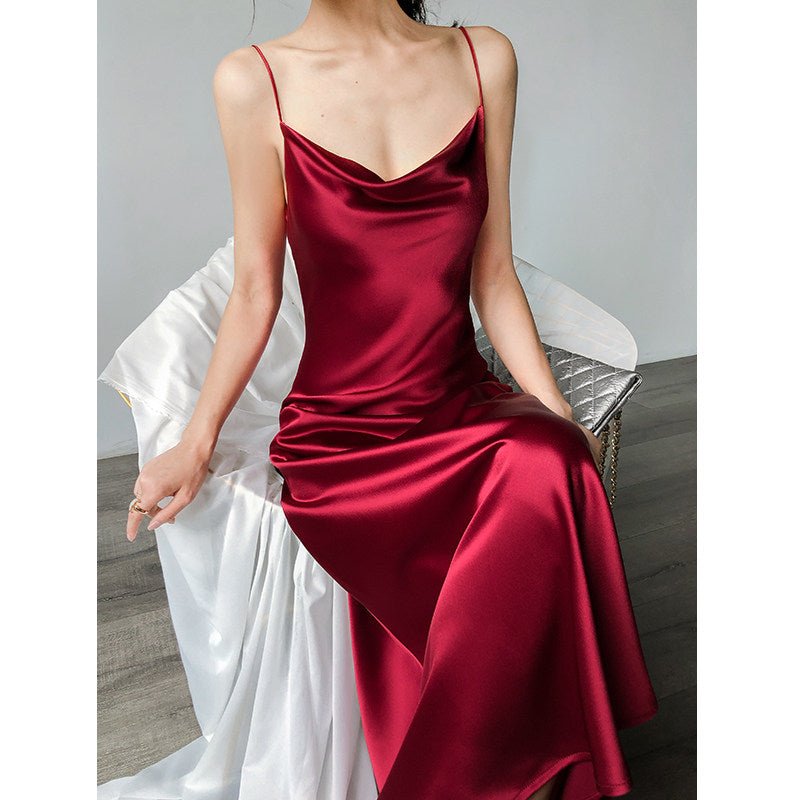 Multi Color Satin Cowl Neck Spaghetti Strap Bias Cut A - Line Midi Dress - EveningVerse - 23