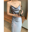 Multi Color Satin Cowl Neck Spaghetti Strap Bias Cut A - Line Midi Dress - EveningVerse - 21