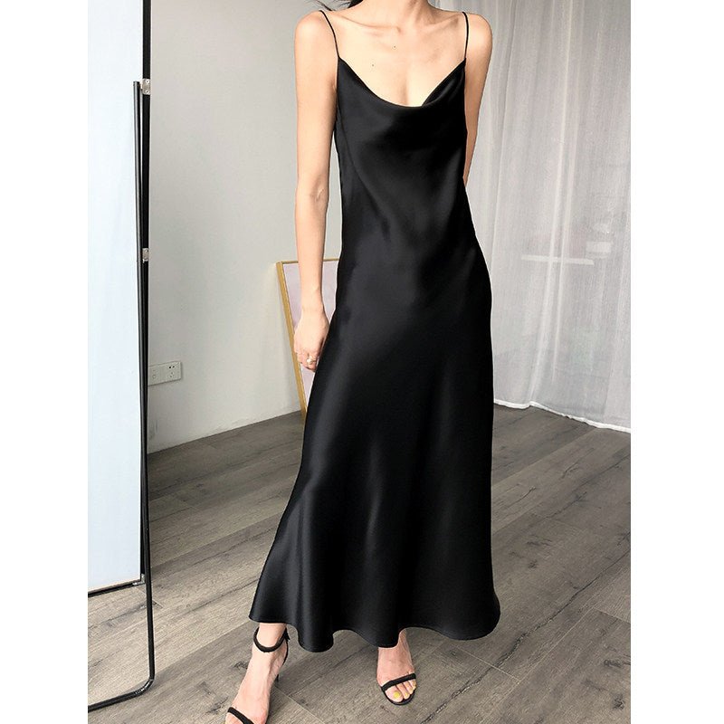 Multi Color Satin Cowl Neck Spaghetti Strap Bias Cut A - Line Midi Dress - EveningVerse - 25