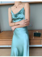 Multi Color Satin Cowl Neck Spaghetti Strap Bias Cut A - Line Midi Dress - EveningVerse - 7