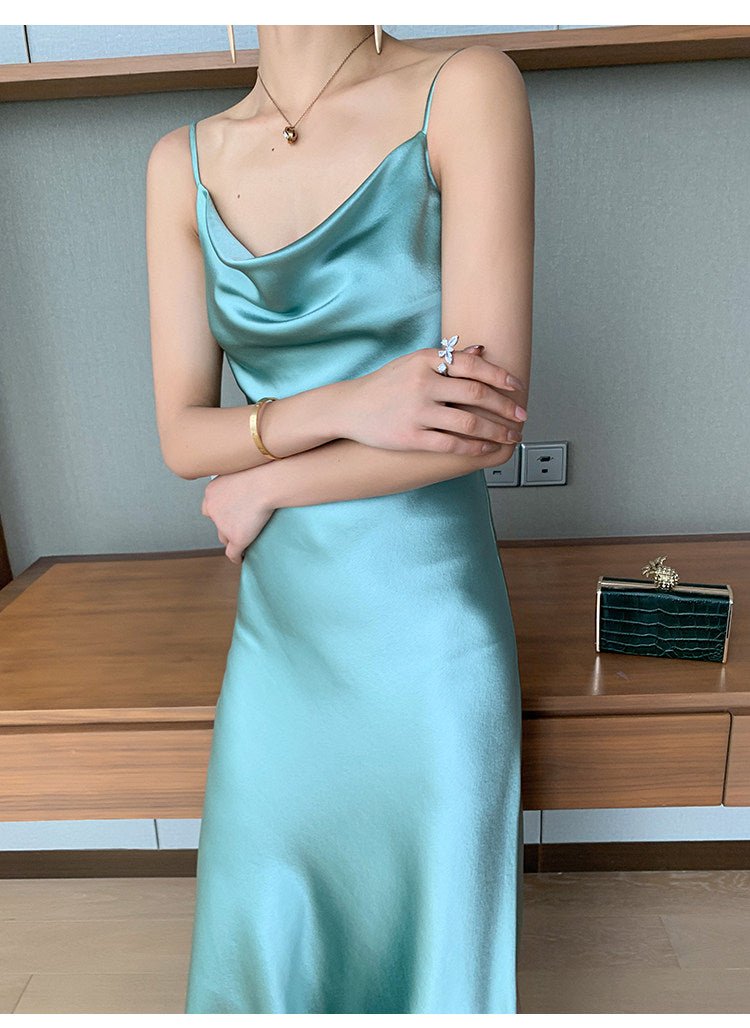 Multi Color Satin Cowl Neck Spaghetti Strap Bias Cut A - Line Midi Dress - EveningVerse - 7