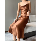 Multi Color Satin Cowl Neck Spaghetti Strap Bias Cut A - Line Midi Dress - EveningVerse - 22