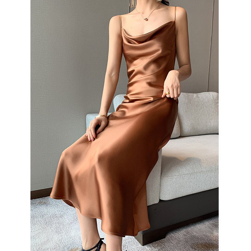 Multi Color Satin Cowl Neck Spaghetti Strap Bias Cut A - Line Midi Dress - EveningVerse - 22