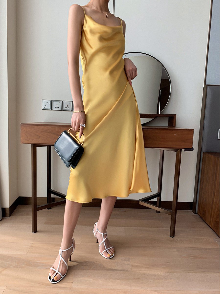 Multi Color Satin Cowl Neck Spaghetti Strap Bias Cut A - Line Midi Dress - EveningVerse - 31