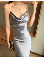 Multi Color Satin Cowl Neck Spaghetti Strap Bias Cut A - Line Midi Dress - EveningVerse - 14