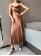 Multi Color Satin Cowl Neck Spaghetti Strap Bias Cut A - Line Midi Dress - EveningVerse - 13