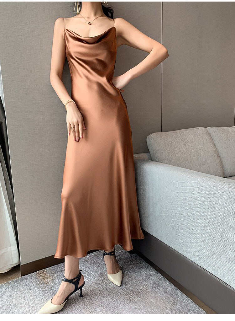 Multi Color Satin Cowl Neck Spaghetti Strap Bias Cut A - Line Midi Dress - EveningVerse - 13