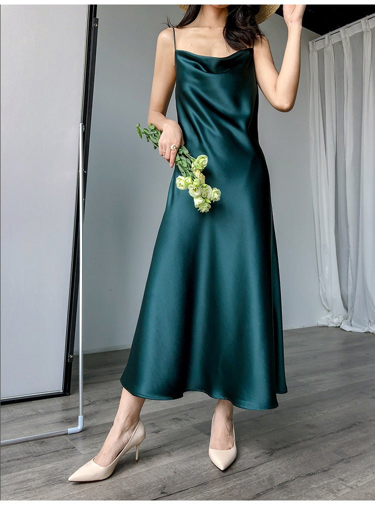 Multi Color Satin Cowl Neck Spaghetti Strap Bias Cut A - Line Midi Dress - EveningVerse - 16