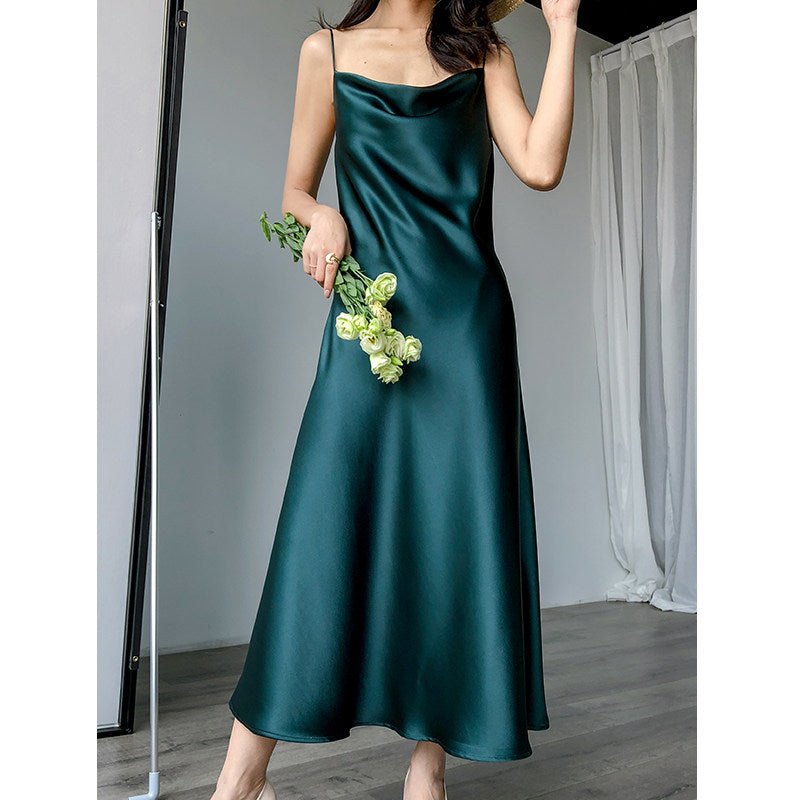 Multi Color Satin Cowl Neck Spaghetti Strap Bias Cut A - Line Midi Dress - EveningVerse - 24